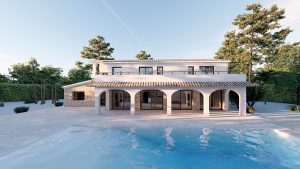 Villa en Llenes - piscina y arcos de la vivienda