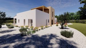Villa Torre - exetrior vivienda jardín con gravilla blanca