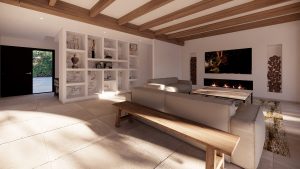 Villa en Llenes - trasera del sofá con un banco de madera