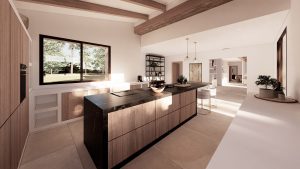 Villa en Llenes - Vista ocina en marmol negro, marrón, y cemento blanco