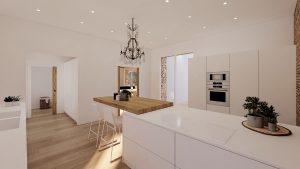 Villa Torre - cocina en tonos blancos con isla de madera
